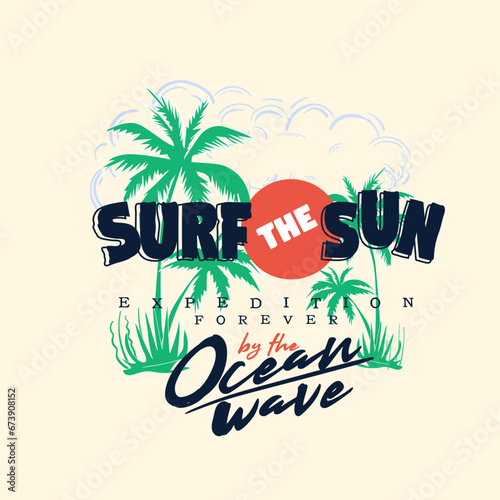 palm beach surf the sun ocean wave t-shirt design , Summer wave surf illustration with palm trees for t shirt, sweatshirt and other uses.