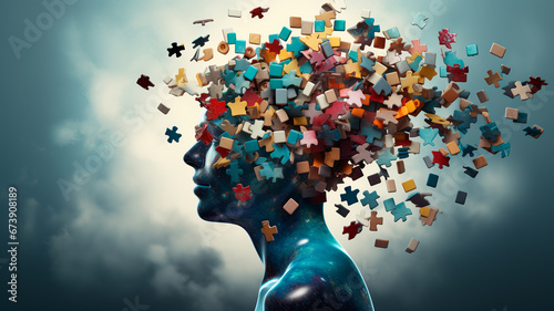 human brain with jigsaw puzzle pieces photo