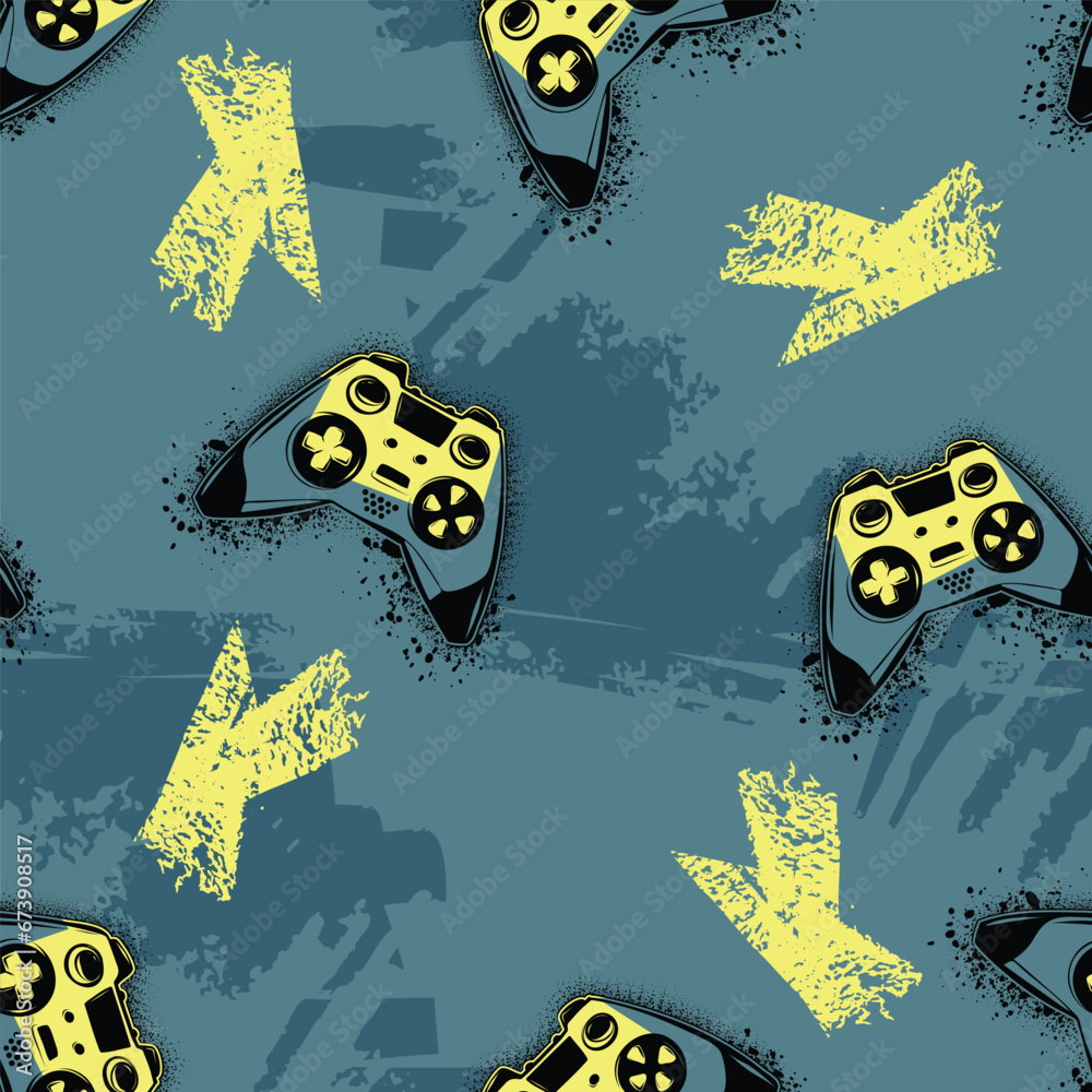 Abstract seamless Grunge pattern with gamepad, grungy textured print for sport textile, fashion clothes, wrapping paper. Game pads repeat ornament on grunge background. Gaming ornament Abstract seamless Grunge pattern with gamepad, grungy textured print for sport textile, fashion clothes, wrapping paper. Game pads repeat ornament on grunge background. Gaming ornament