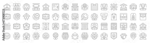 Real estate agency sale buy rent deal search protection thin line art icons big set vector