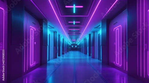 Abstract background of futuristic corridor with purple and blue neon lights