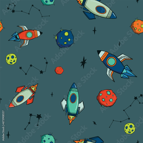 Seamless childish pattern with space elements, star. Creative nursery background. Perfect for kids design, fabric, wrapping, wallpaper, textile, apparel