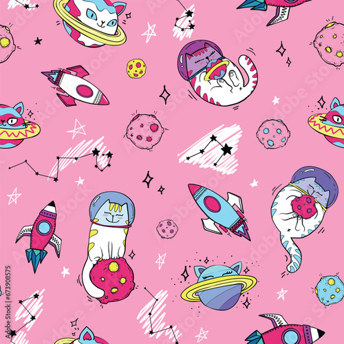 Fun cat astronaut in space seamless pattern. Vector cartoon charters. Editable vector illustration.