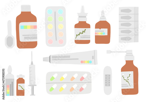 Medicine set of vector illustrations including pills, oinment, nasal drops, cough syrop, throat spray, injection, pharmacy stickerpack, medical treatment objects and elements