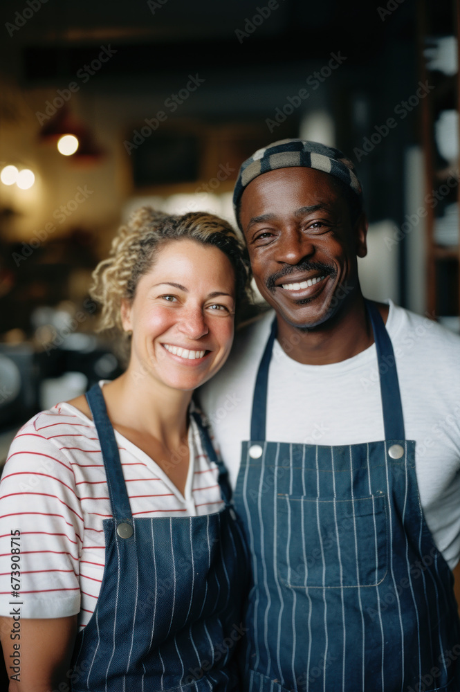 Cafe restaurant owners and workers portrait, mixed race partners Cafe restaurant owners and workers portrait, mixed race partners