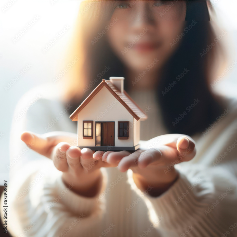 woman showing with hands a mini house. Real state concept. ai generative woman showing with hands a mini house. Real state concept. ai generative