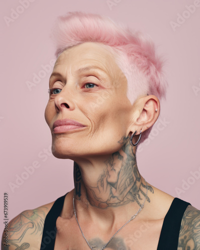 Generative ai portrait old senior tattoed rebel woman posing isolated background
