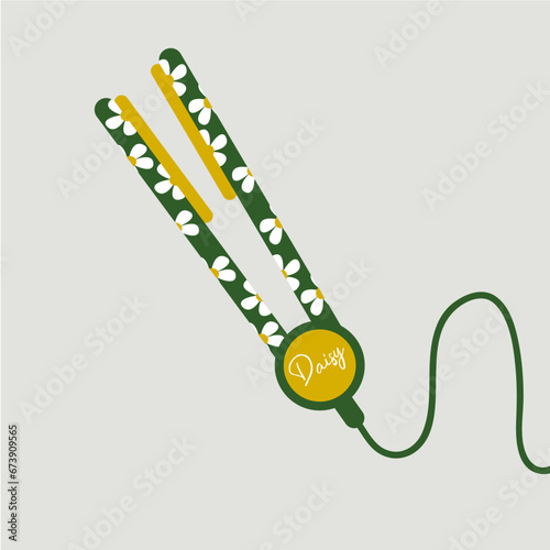 Flat Design Illustration with Hair Straightener and Daisy Pattern