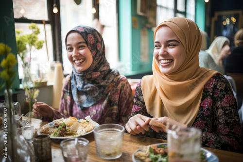 Generative ai young women muslim wearing hijab together eating bar