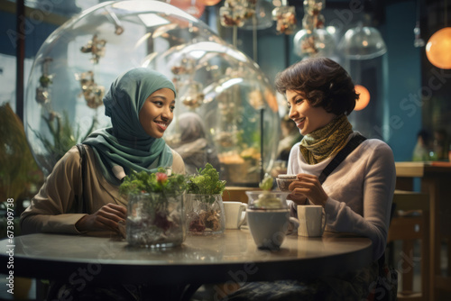 Generative ai young women muslim wearing hijab together eating bar