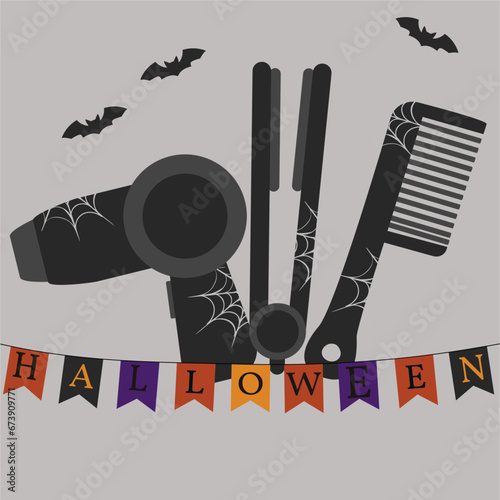 Flat Design Illustration Halloween  with Hair Dryer, Hairbrush, Hair Straightener 