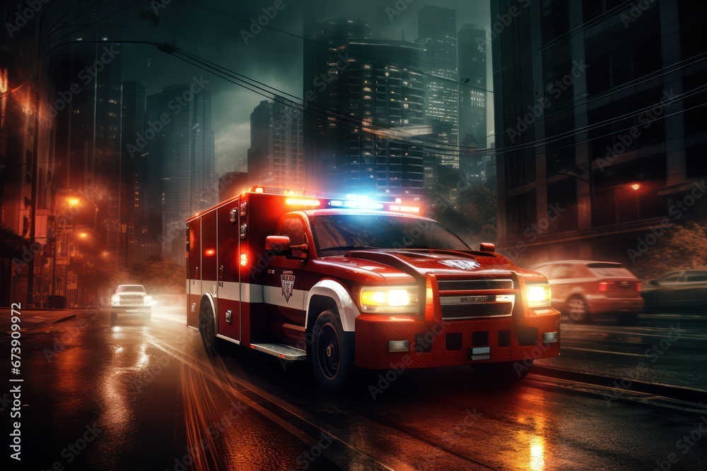 911. Photo of an emergency ambulance car fast driving on night city downtown district with motion blur. An ambulance rushes on call through the city at night. - obrazy, fototapety, plakaty 