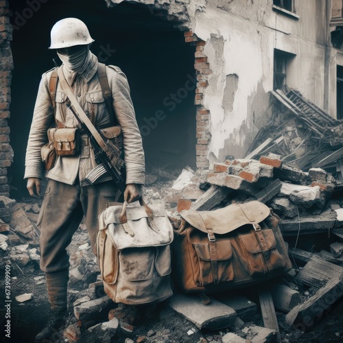 soldier,soldier's clothing,helmet,armor,bag in the middle of a destroyed building war background