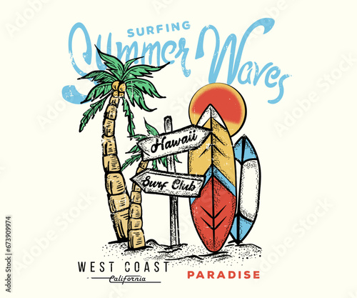 palm tree and surf board under the sun is beach vibes at tee shirt print, Summer Waves text with a waves illustration, for t-shirt prints, posters. Summer Beach Vector illustration.