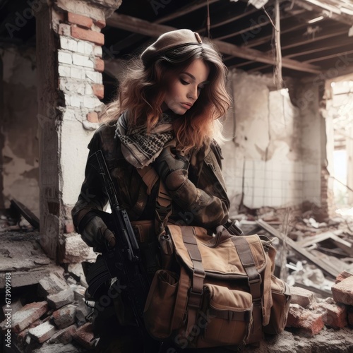 soldier,soldier's clothing,helmet,armor,bag in the middle of a destroyed building war background