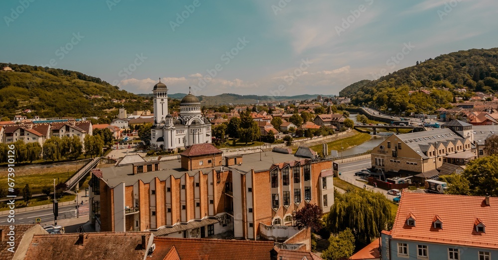 Aerial view of Sighisoara, Romania at sunset