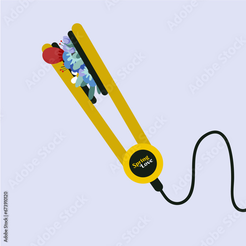 Flat Design Spring Love Illustration with Hair Straightener and Flowers
