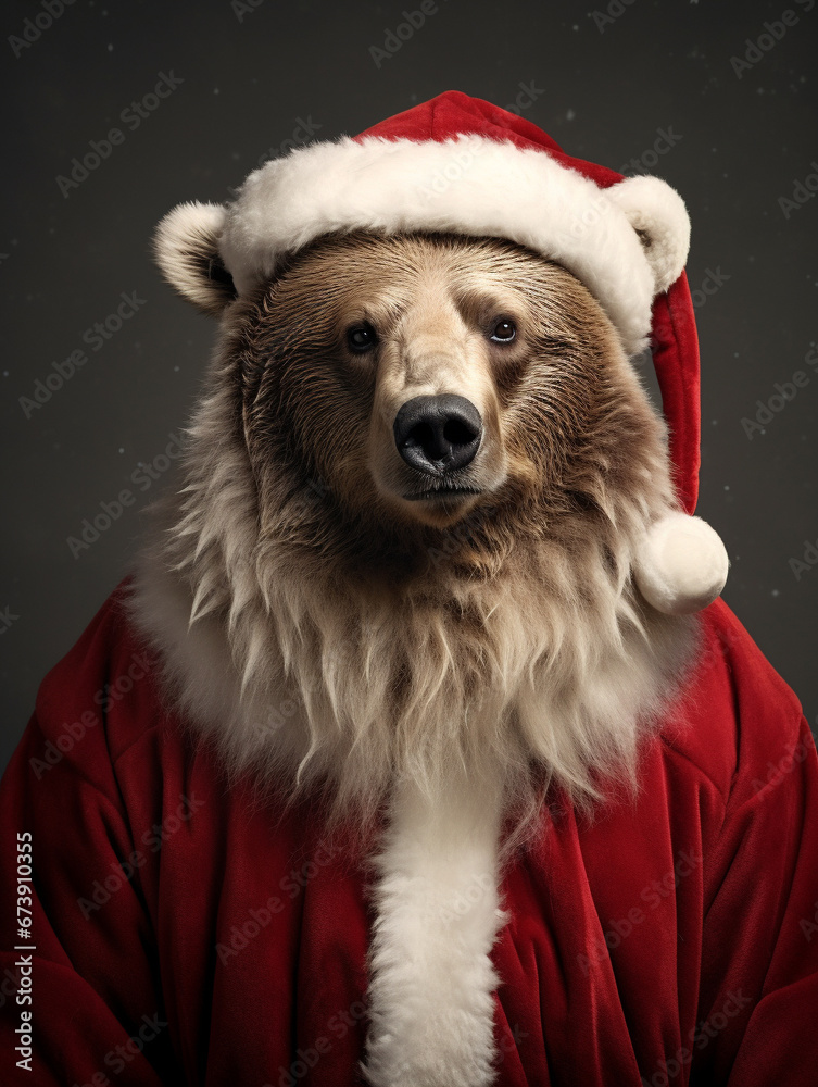 An Anthropomorphic Bear Dress Up as Santa Claus