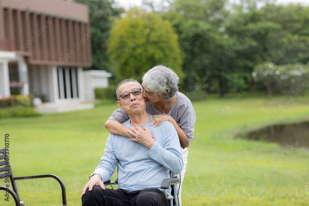 Senior couple taking care of each other in the park Senior couple taking care of each other in the park