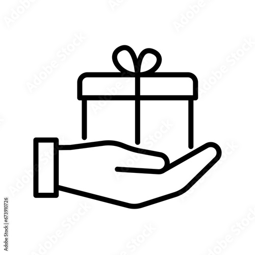 Gift box giving, packing box on hand, line icon. Present box, wrapped package with ribbon. Surprise on party and celebration Christmas, birthday or holiday. Vector outline