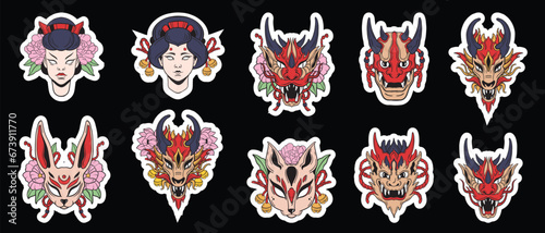 Japanese mask set oriental okame icon, oni vector Japan dragon character face, anime fox design. Kabuki theater woman, asian doodle tattoo monster, cute Kitsune, ritual demon head. Japanese mask