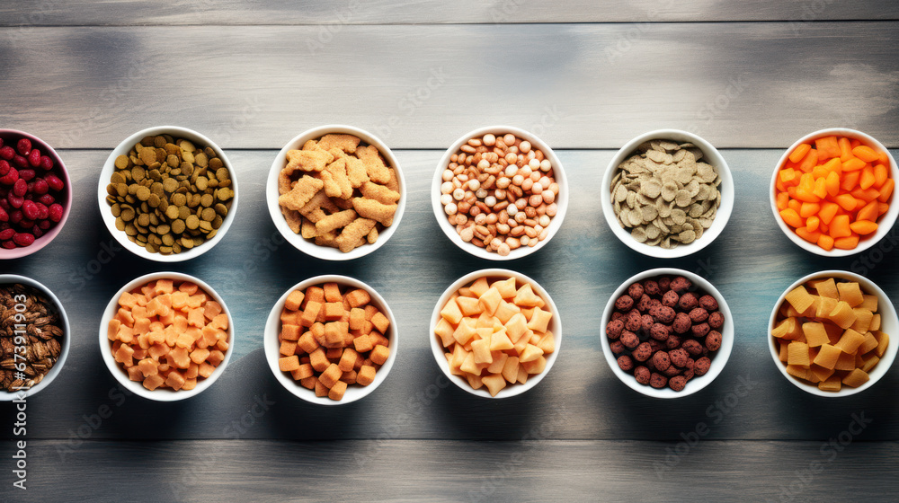 Set of Dry cat food in bowl on wooden background. Vitamins and nutrients for good health and energy of pets. Copy space. Set of Dry cat food in bowl on wooden background. Vitamins and nutrients for good health and energy of pets. Copy space.
