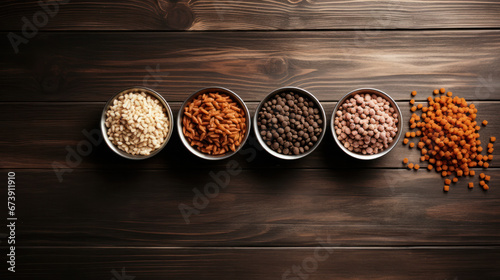 Set of Dry cat food in bowl on wooden background. Vitamins and nutrients for good health and energy of pets. Copy space.