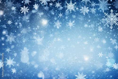 Snowflake-filled blue backdrop for festive wallpaper, perfect for Christmas or New Year. Ample room for adding text or other elements. Generative AI © Soraya