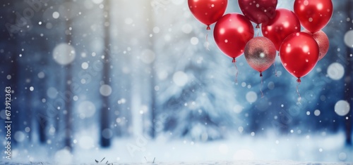 Floating helium red balloons on a snowy winter forest background. wallpaper banner, copy space for text, celebration valentines and christmas card