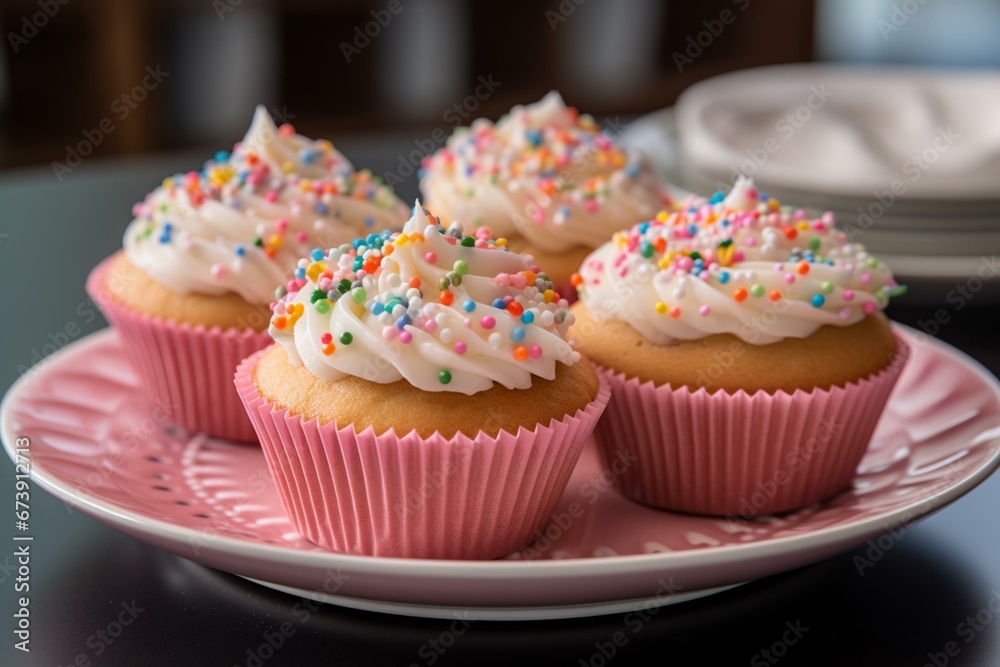a plate of delicious cupcakes with frosting and sprinkles. Generative AI
