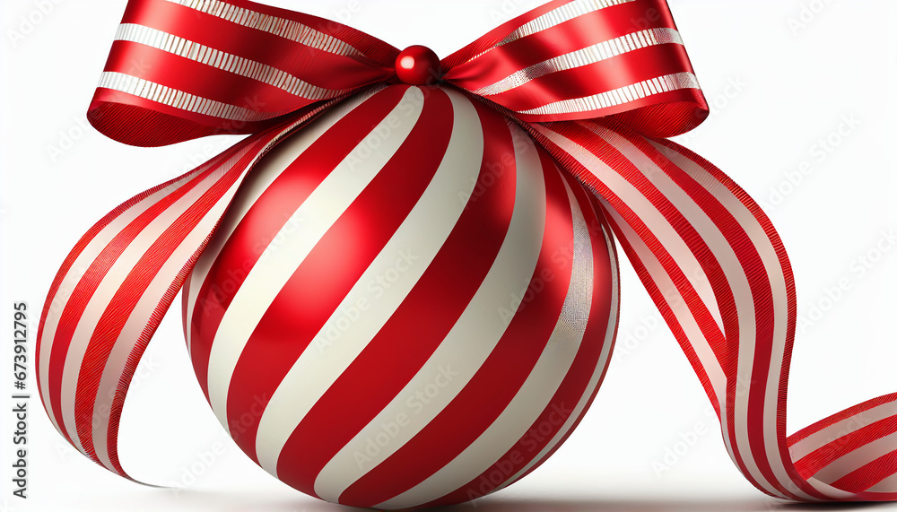 White backdrop with isolated red Christmas ball with white diagonal stripes