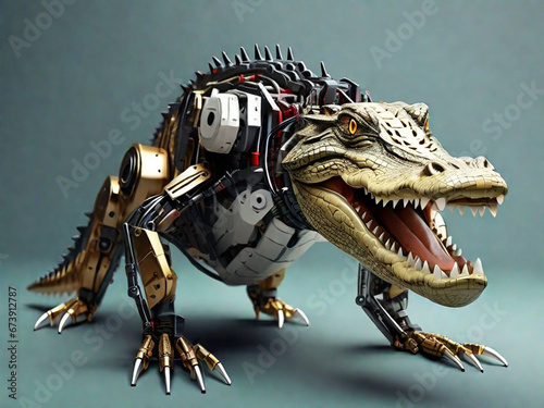crocodile  transformed into an electronic robot on white background. Generative AI illustration.