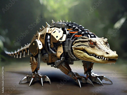 crocodile  transformed into an electronic robot on white background. Generative AI illustration. © sakda