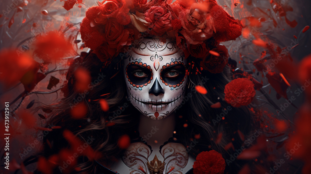 portrait of a young woman in skull with red roses
