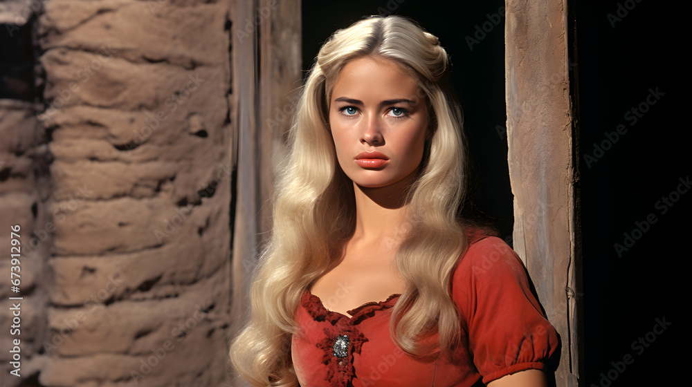  A young woman in the American Wild West, dressed in a vibrant red gown, stands with her long, flowing blonde hair outside her homestead. 