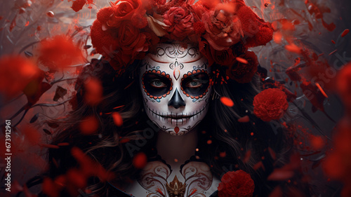 portrait of a young woman in skull with red roses © Aram
