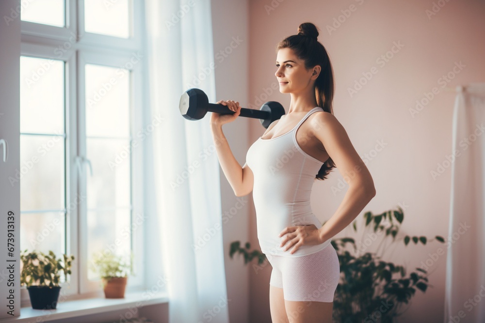 Young pregnant woman exercising at home by lifting light weights