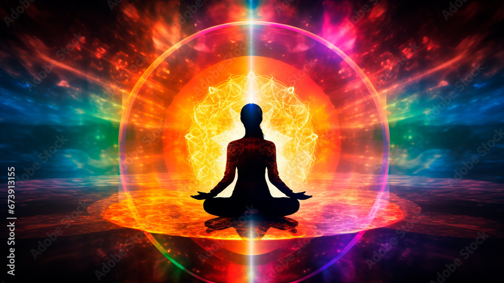 silhouette of a man meditating in a lotus pose against the background of the sun