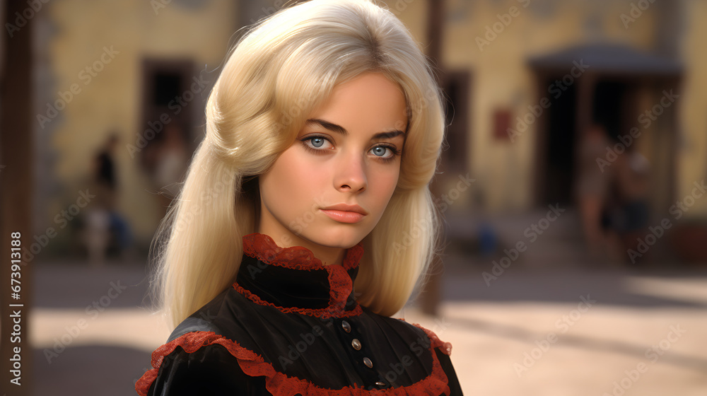 A woman with blonde hair and striking blue eyes wears a period-appropriate outfit in the historical American Wild West.