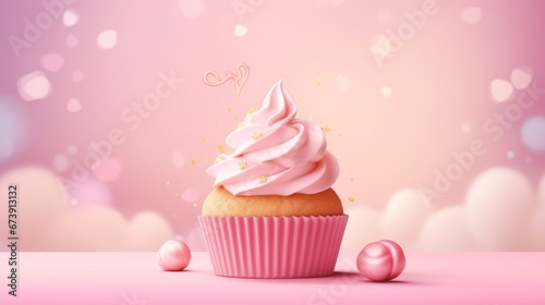 Cute Cartoon Pink Cupcake Banner with Space for Copy.Generative AI