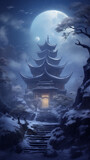 An ancient pagoda on top of blue water, bathed in moonlight, reflecting a faint glow from distant clouds
