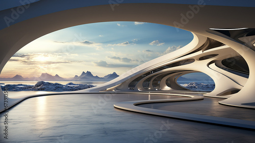 Futuristic architecture with icebergs in the background. 3d render