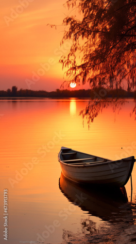 Sol poniente tiñendo de naranja el horizonte en un lago apacible, con un bote en reposo y ramas susurrantes de árboles que se perfilan contra el cielo crepuscular reflejado en aguas mansas © PedroEnrique