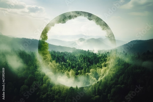 Icon reduce CO2 emission concept on the top view. Eco friendly industry and climate concept double exposure.Clean environment and ecology, green earth photo