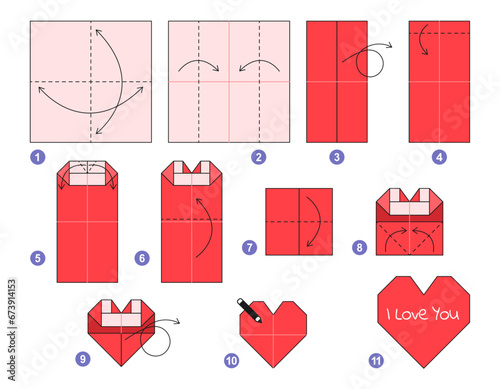 Heart origami scheme tutorial moving model. Origami for kids. Step by step how to make a cute origami red heart. Vector illustration. Happy Valentine's day.