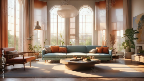 a living room filled with furniture and a large window