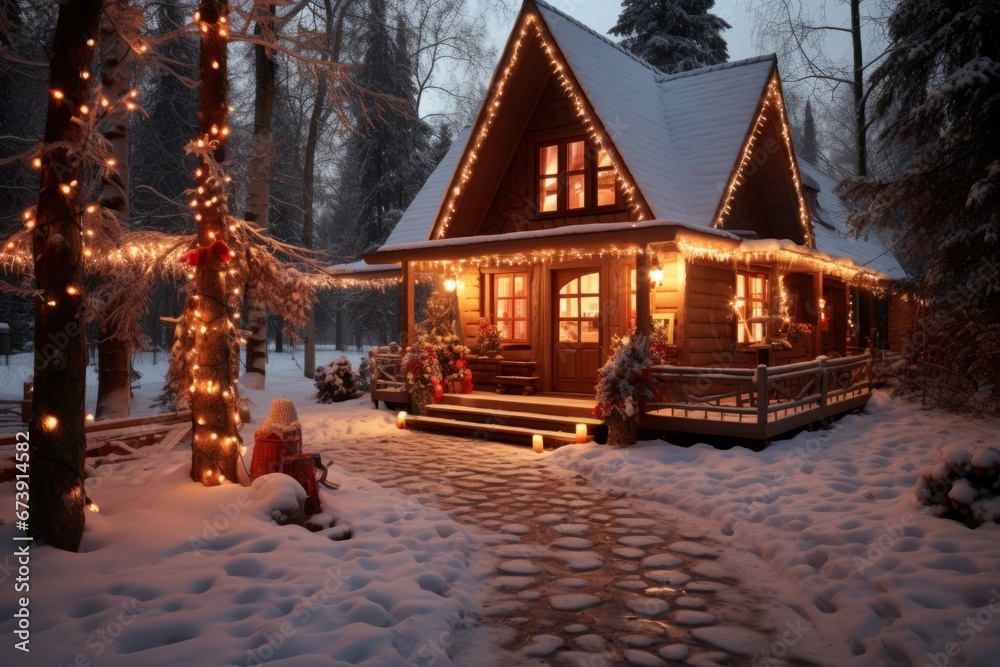 Charming winter wonderland festive cottage with christmas decorations and snowy surroundings
