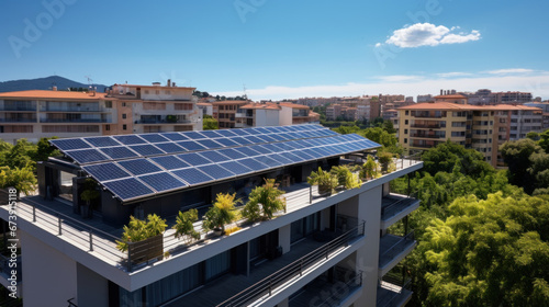 vue aérienne de toit terrasse avec installation photovoltaïque composée de rangée de panneaux solaires photo