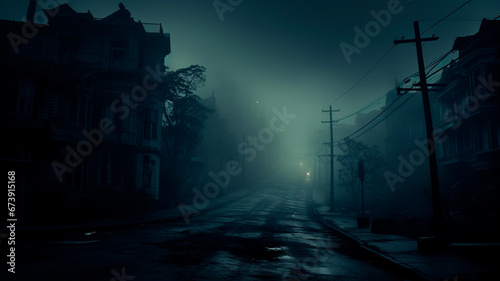 dark night street in fog, halloween background © Aram