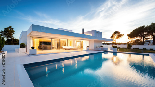 villa contemporaine d'architecte aux murs blanc et grandes baies vitrées avec piscine et terrasse